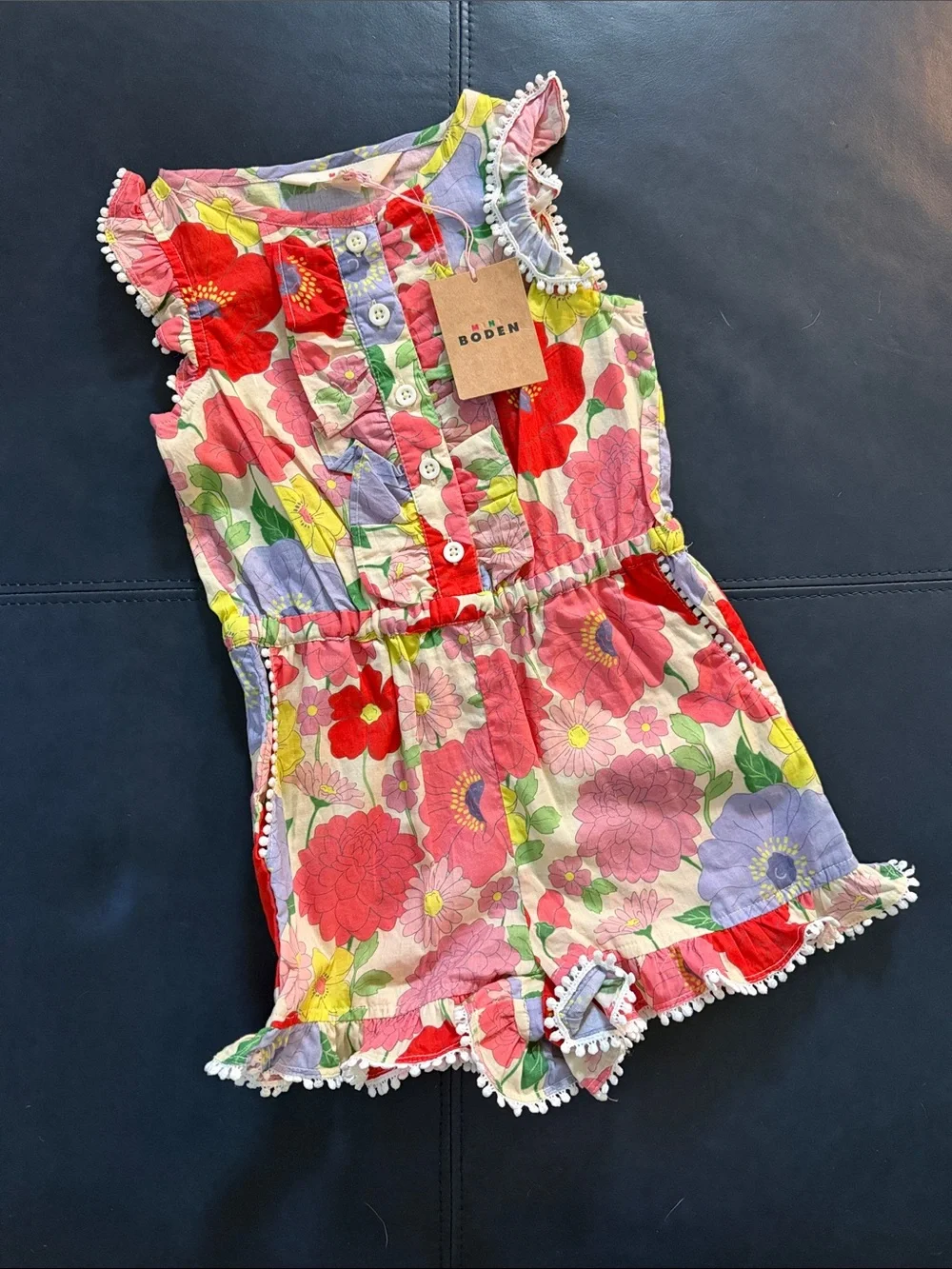 Mini Boden Floral Pom Trim Romper - Multicolor